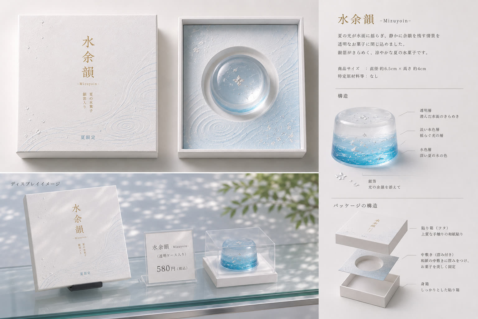 「水余韻」のパッケージデザイン。涼やかな水色を基調にした化粧箱